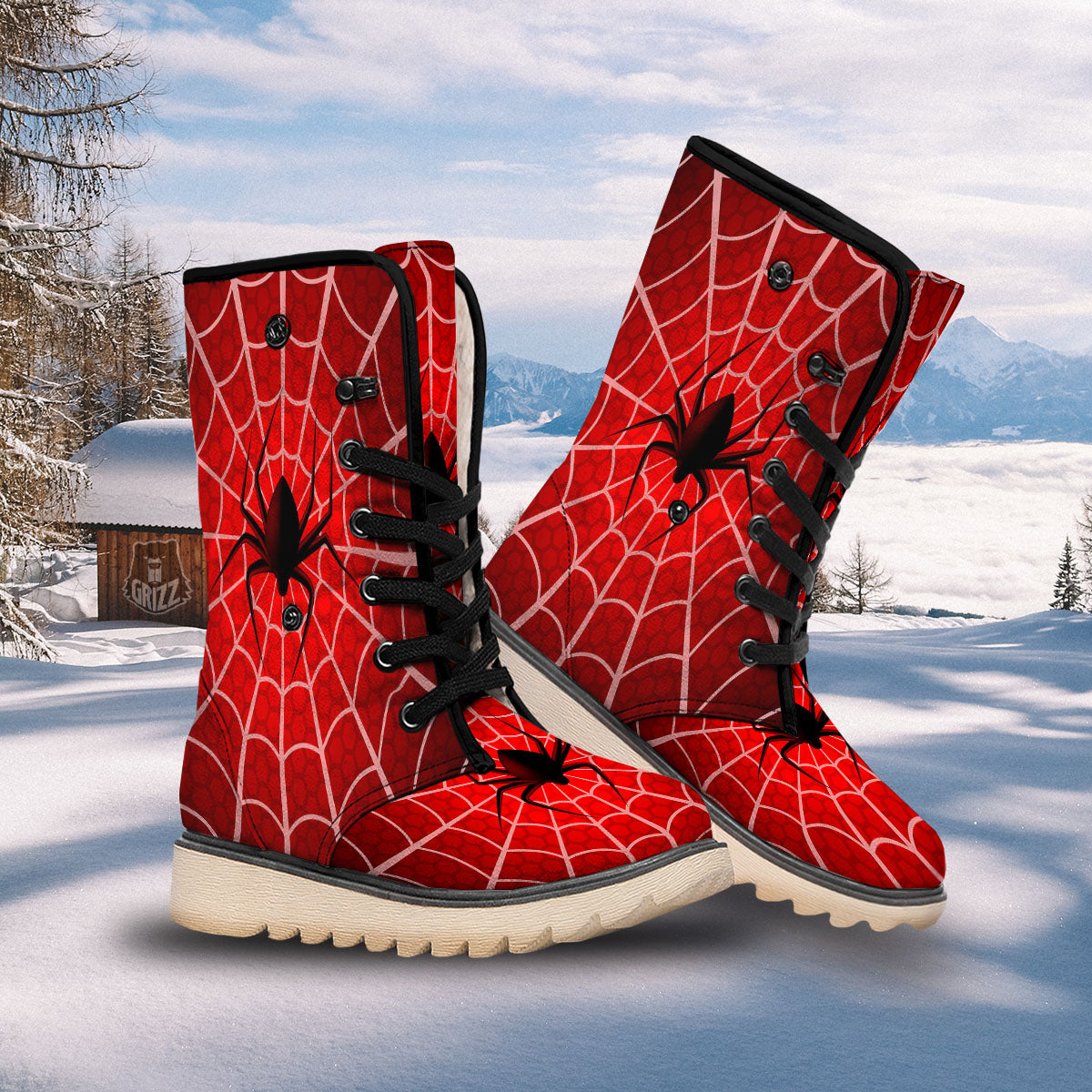 Red Spider Web Cobweb trap Print Snow Boots-grizzshop