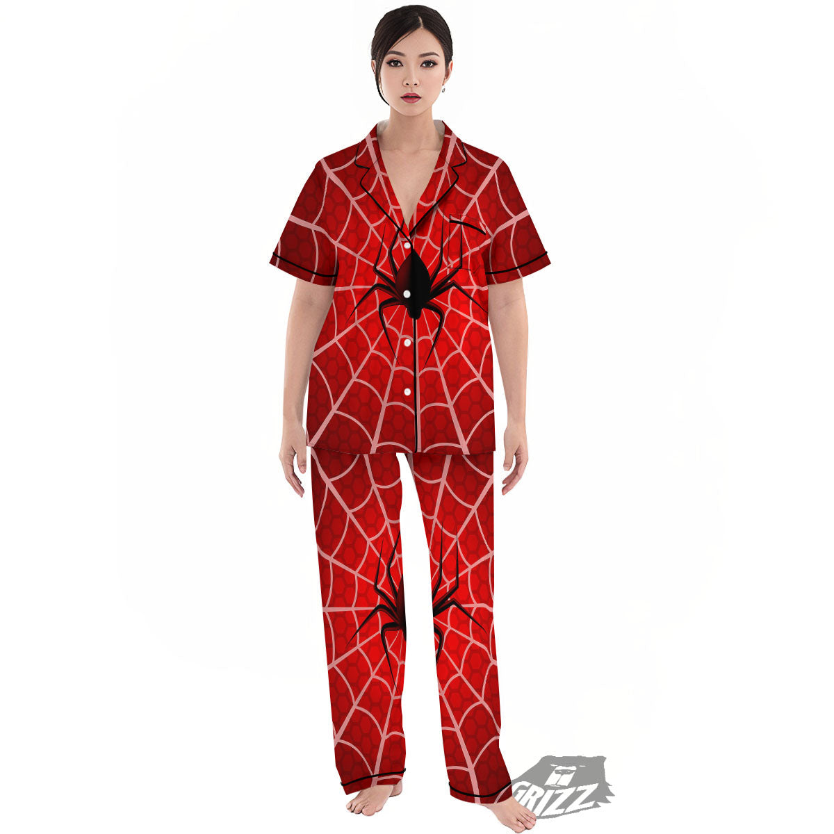 Red Spider Web Cobweb trap Print Women's Pajamas Set-grizzshop