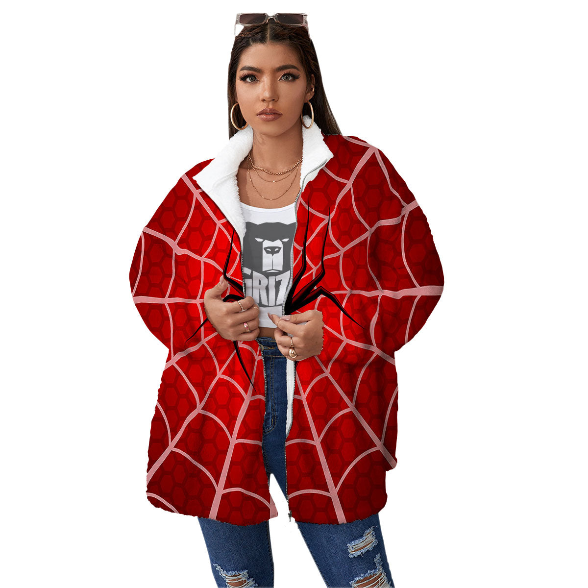 Red Spider Web Cobweb trap Print Women's Sherpa Jacket-grizzshop