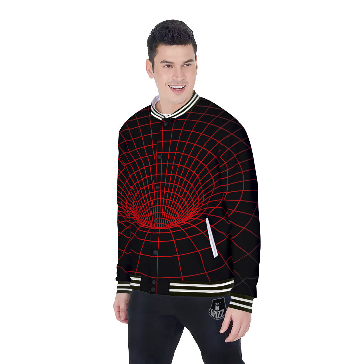 Red Techno Funnel Print Baseball Jacket-grizzshop