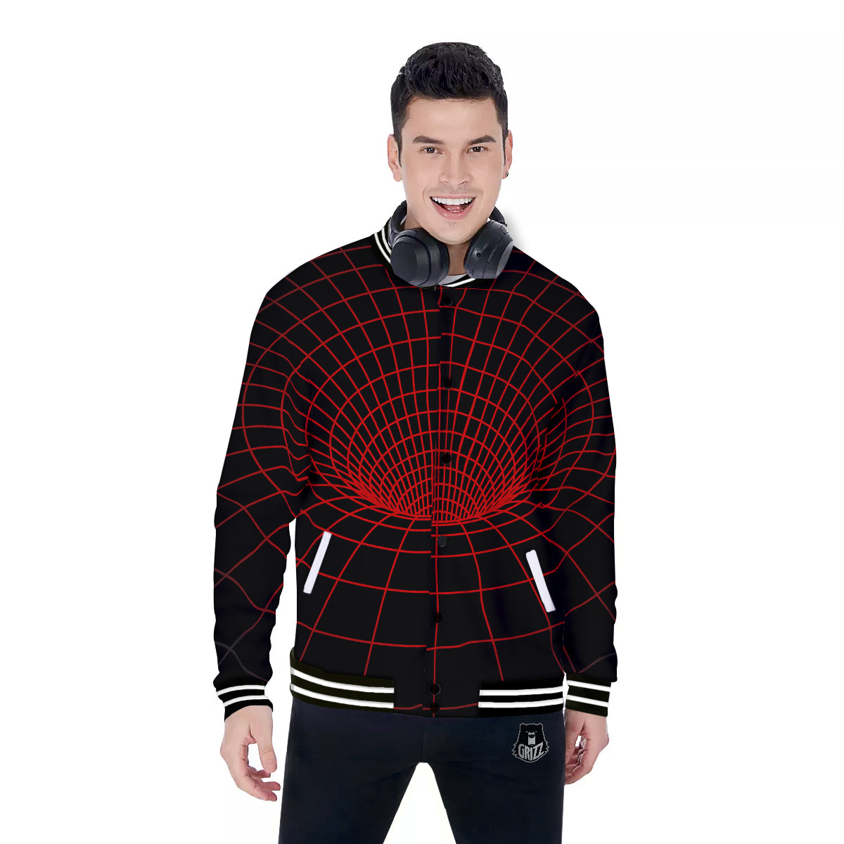Red Techno Funnel Print Baseball Jacket-grizzshop