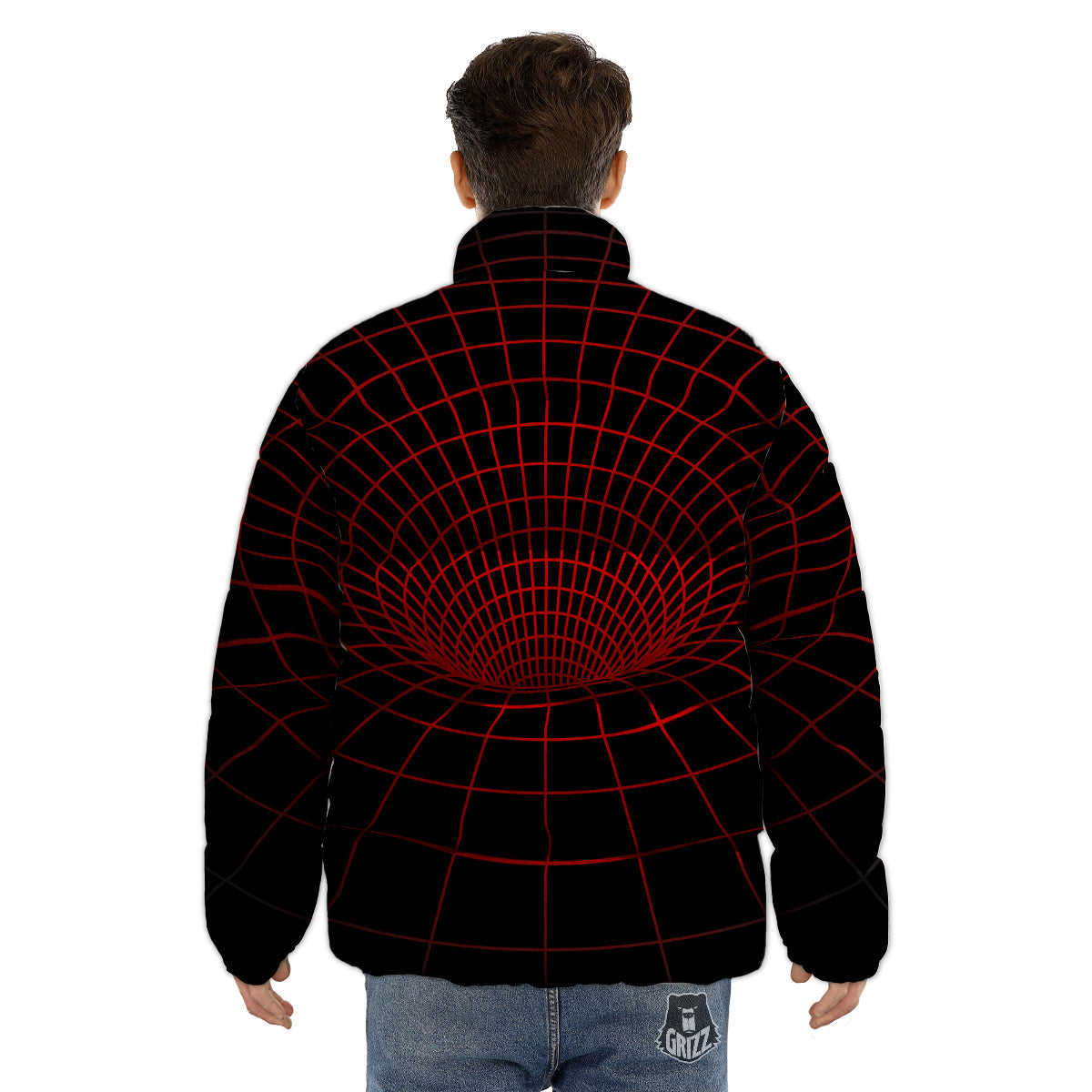 Red Techno Funnel Print Puffer Jacket-grizzshop