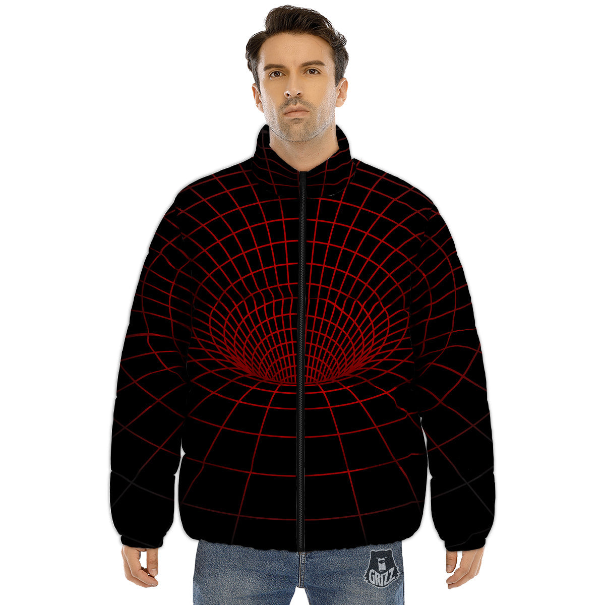 Red Techno Funnel Print Puffer Jacket-grizzshop