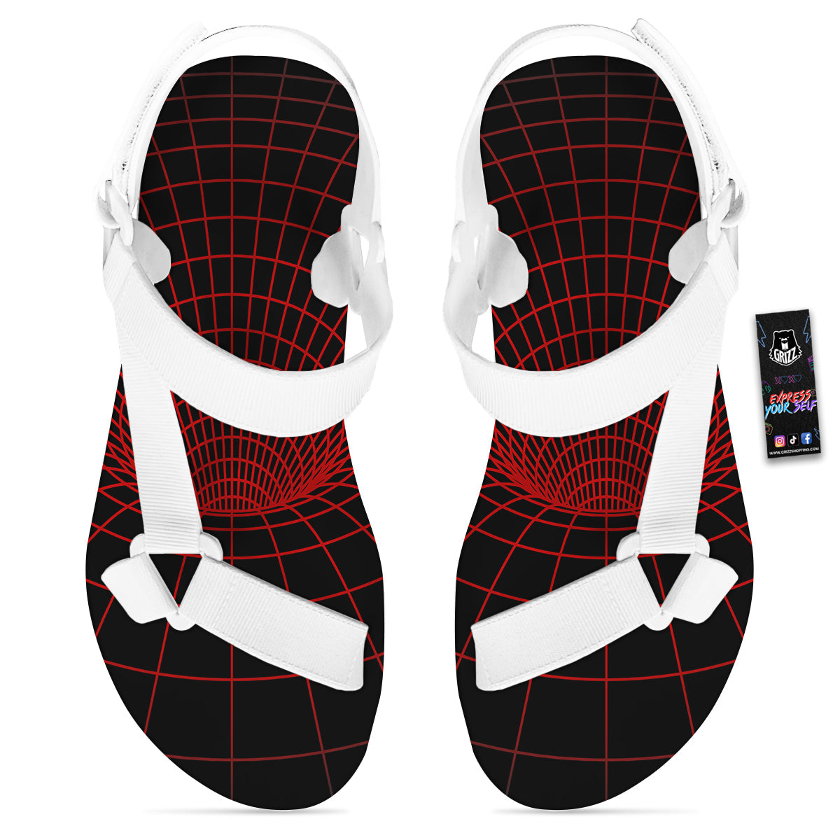 Red Techno Funnel Print White Open Toe Sandals-grizzshop