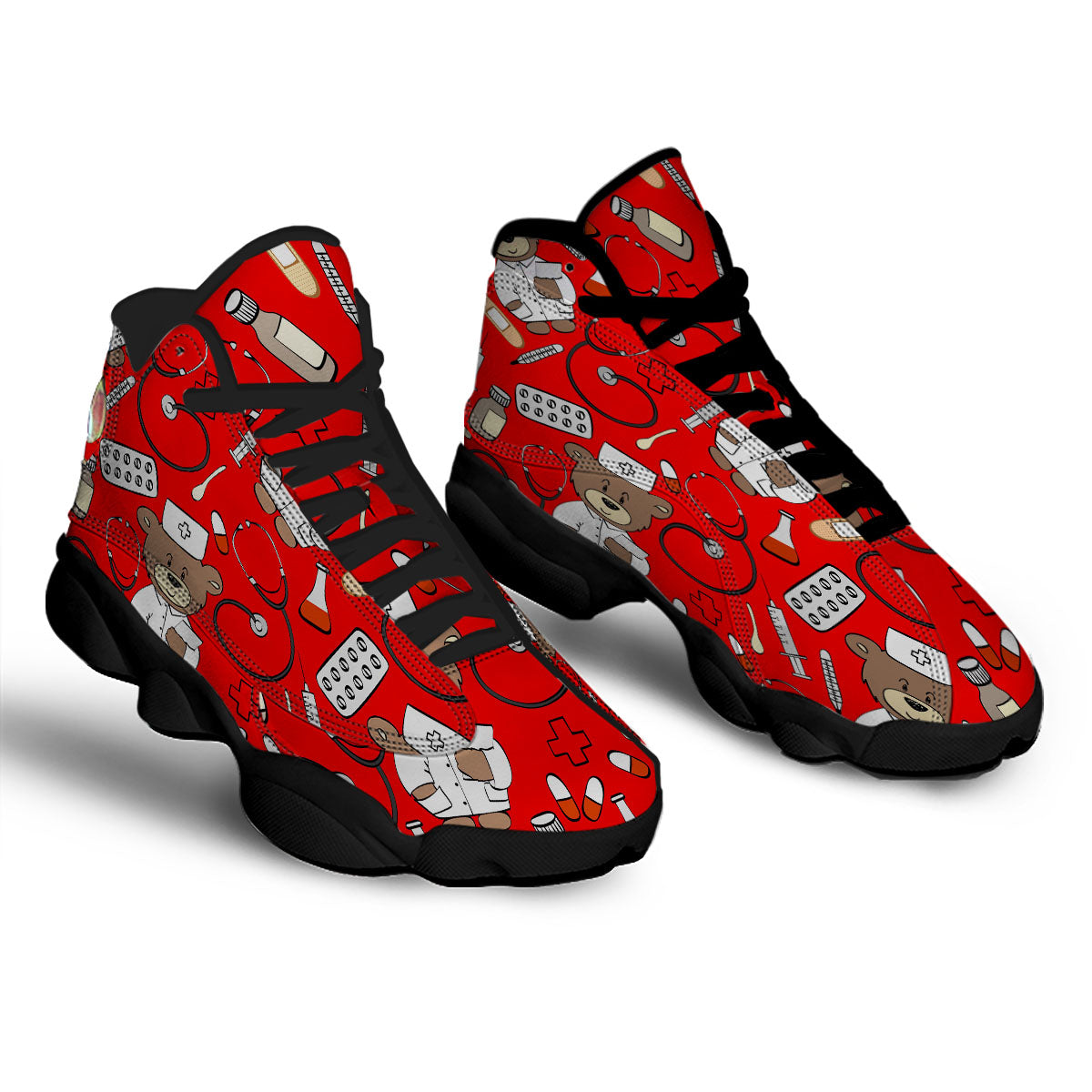 Red Teddy Bear Nurse Black Basketball Shoes-grizzshop