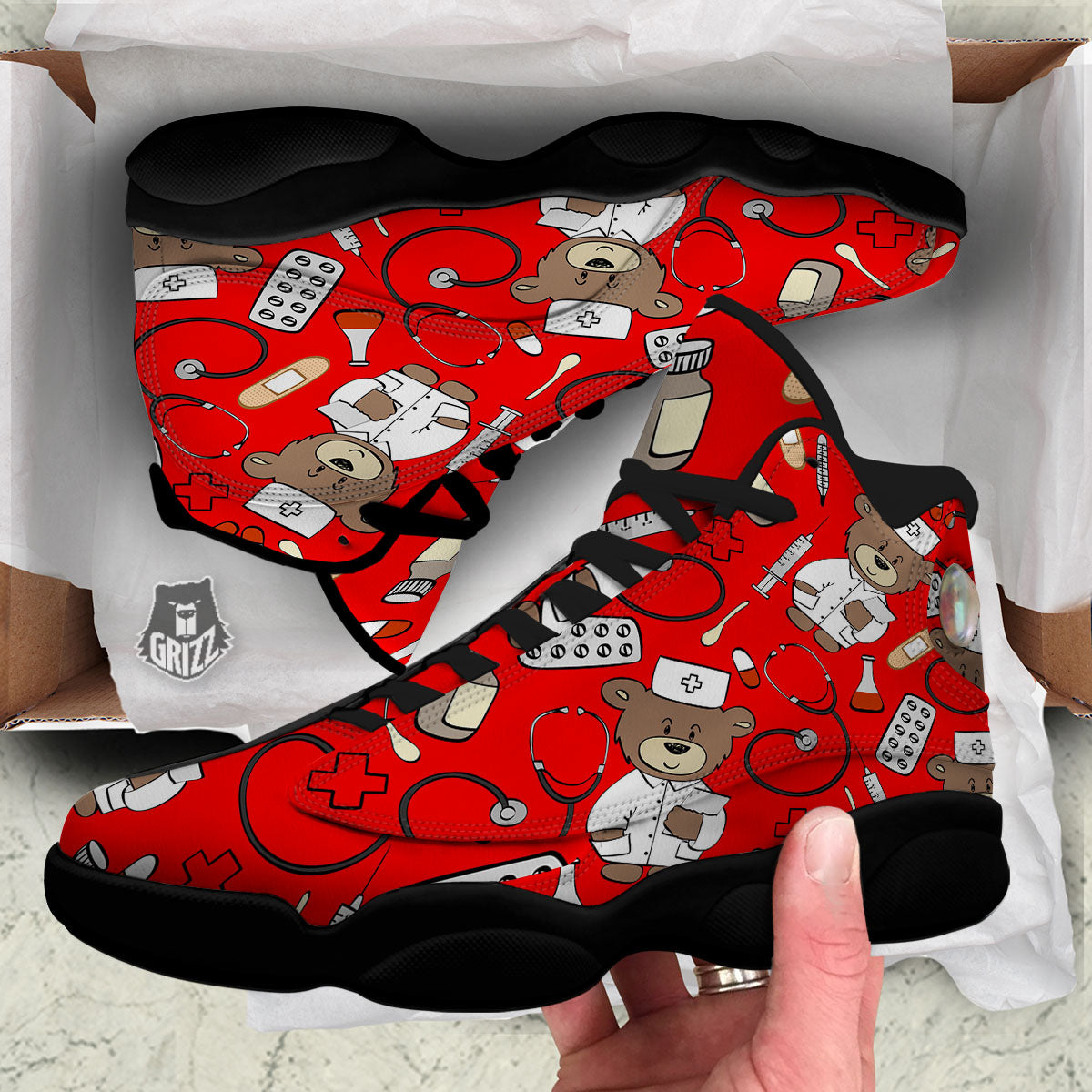 Red Teddy Bear Nurse Black Basketball Shoes-grizzshop
