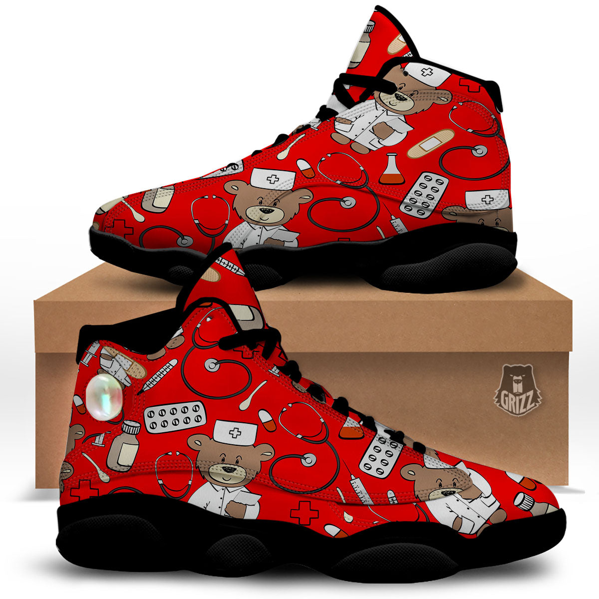 Red Teddy Bear Nurse Black Basketball Shoes-grizzshop