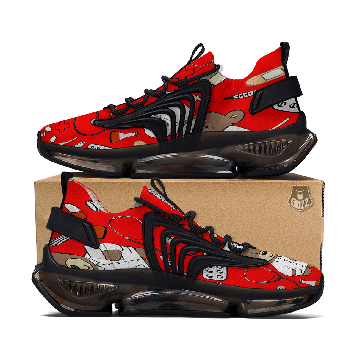 Red Teddy Bear Nurse Black Gym Shoes-grizzshop