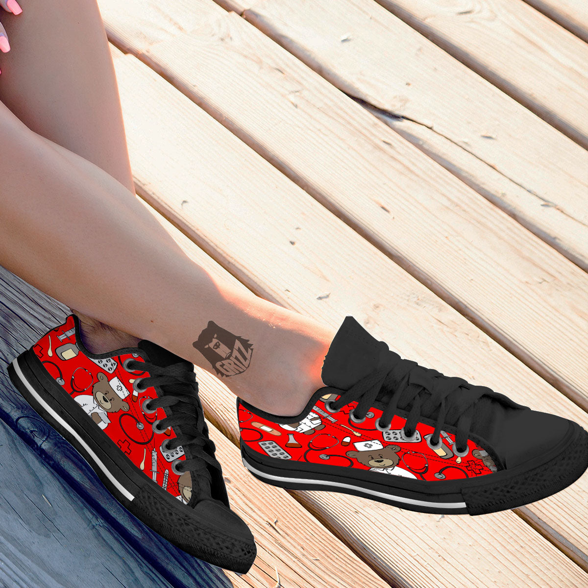 Red Teddy Bear Nurse Black Low Top Shoes-grizzshop