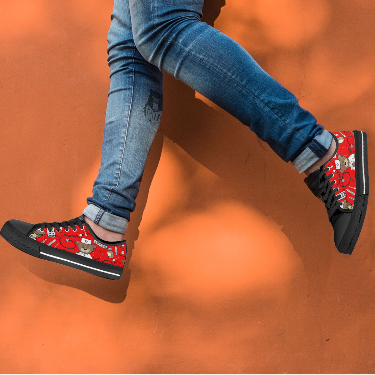 Red Teddy Bear Nurse Black Low Top Shoes-grizzshop
