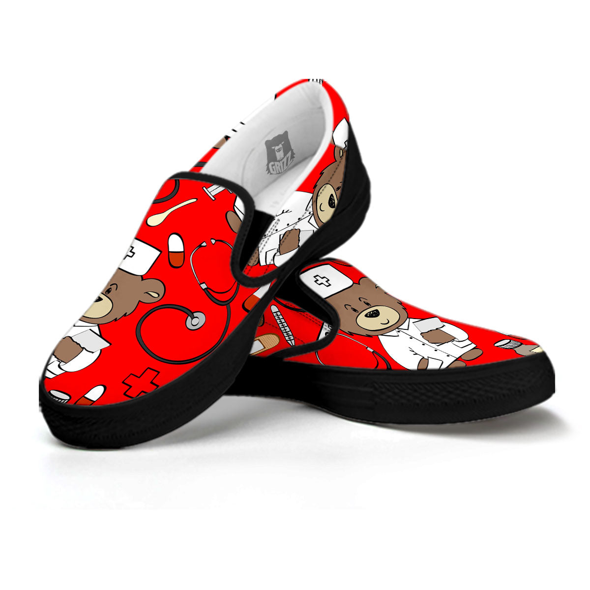 Red Teddy Bear Nurse Black Slip On Shoes-grizzshop