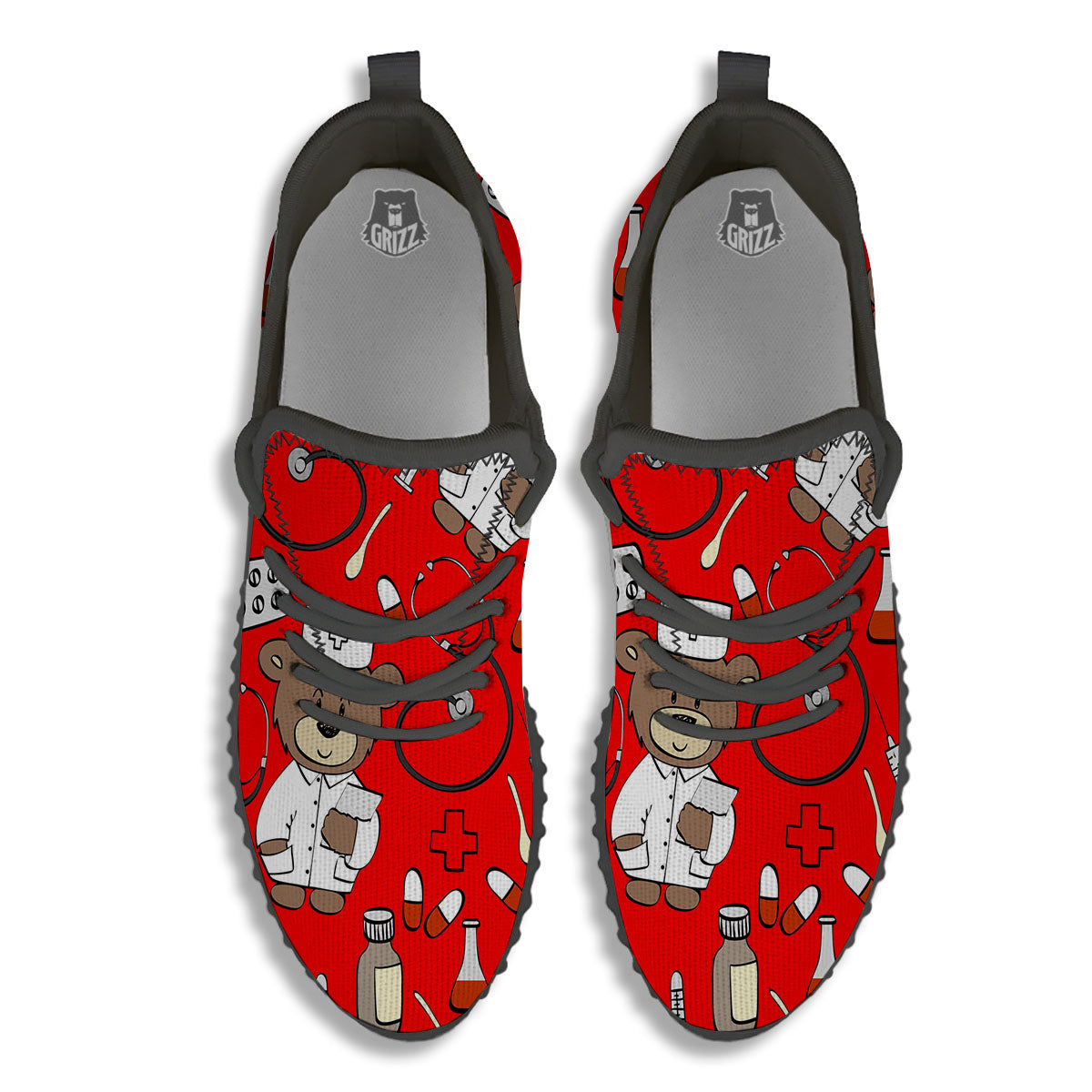 Red Teddy Bear Nurse Black Walking Shoes-grizzshop