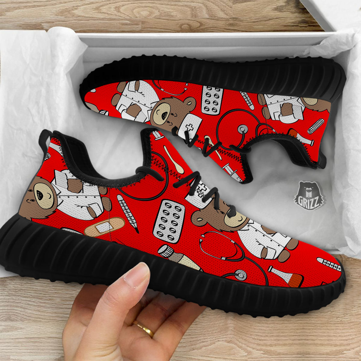 Red Teddy Bear Nurse Black Walking Shoes-grizzshop