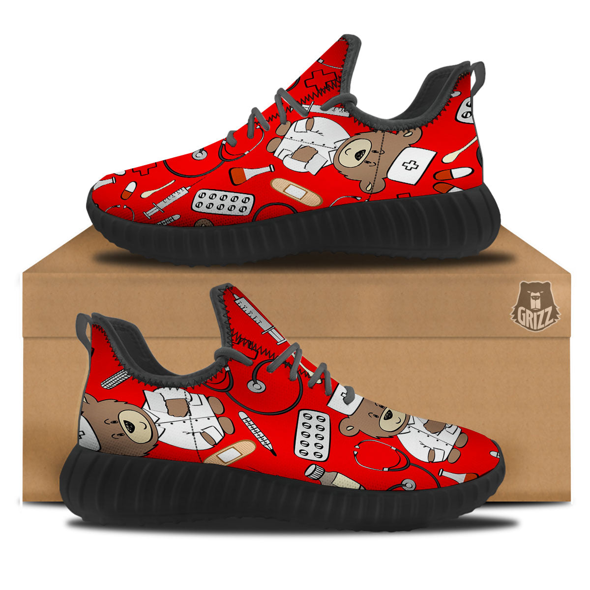 Red Teddy Bear Nurse Black Walking Shoes-grizzshop