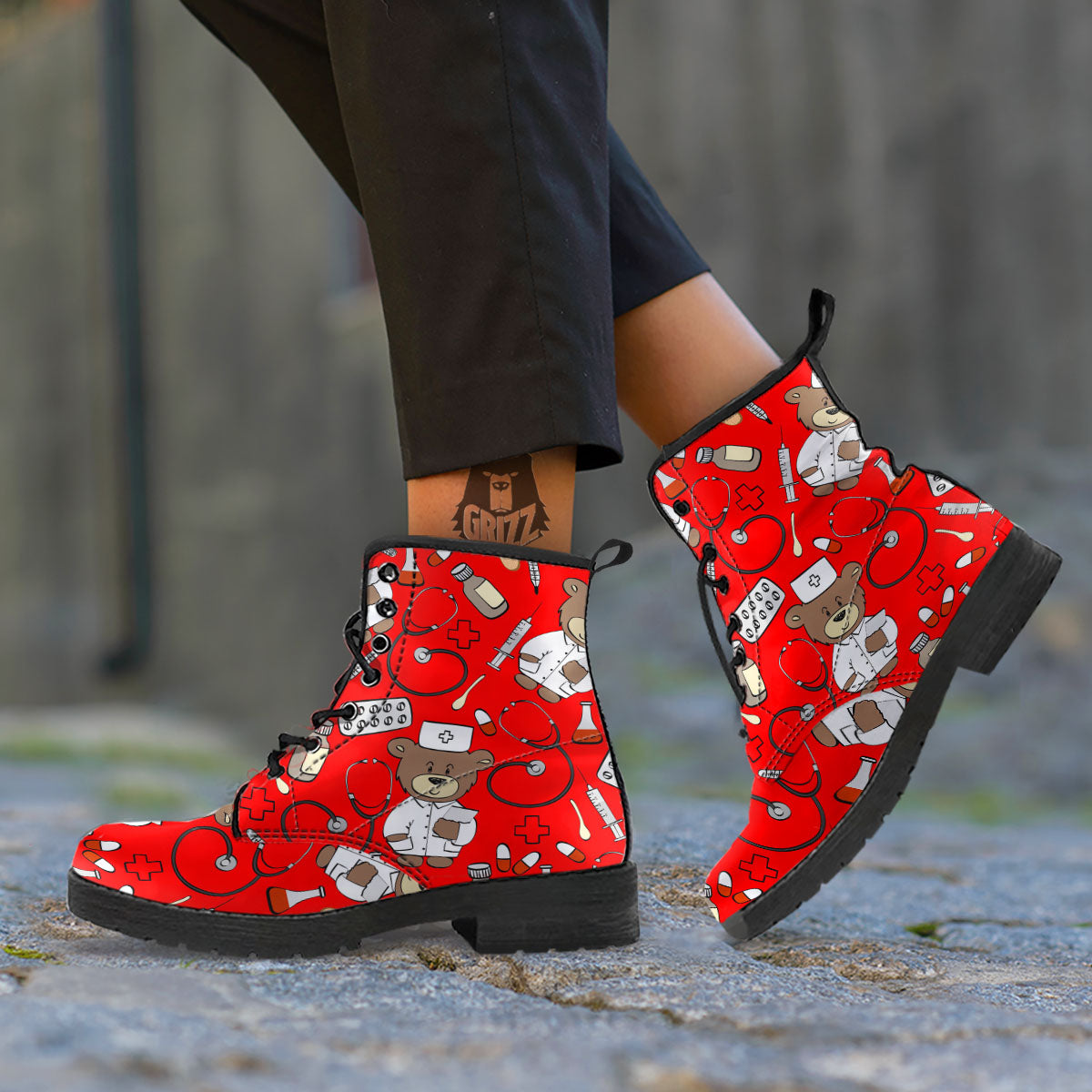 Red Teddy Bear Nurse Leather Boots-grizzshop