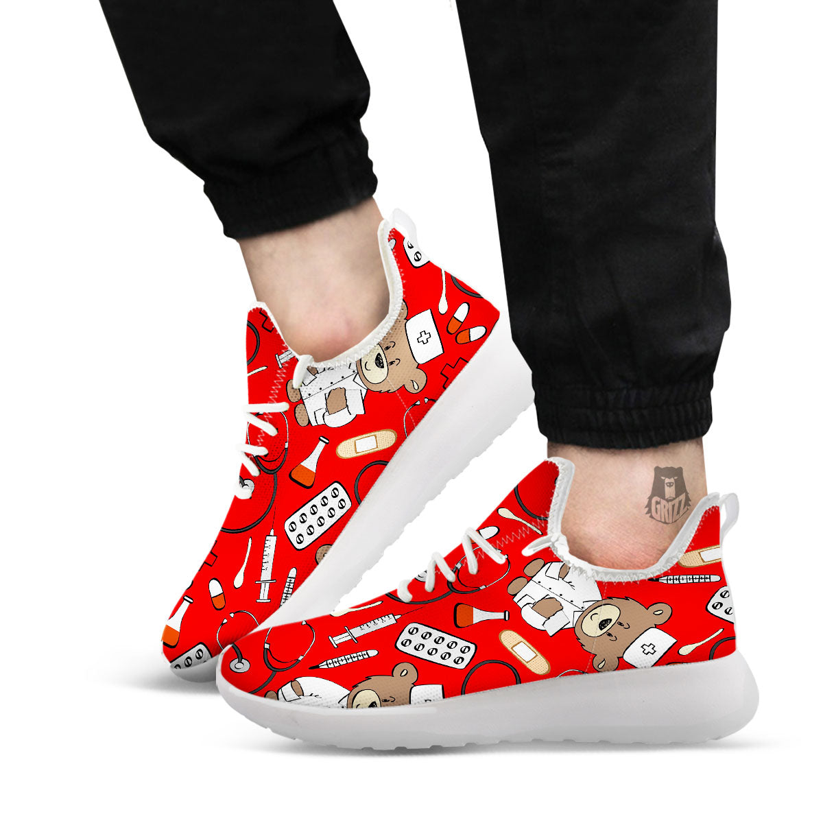 Red Teddy Bear Nurse White Athletic Shoes-grizzshop