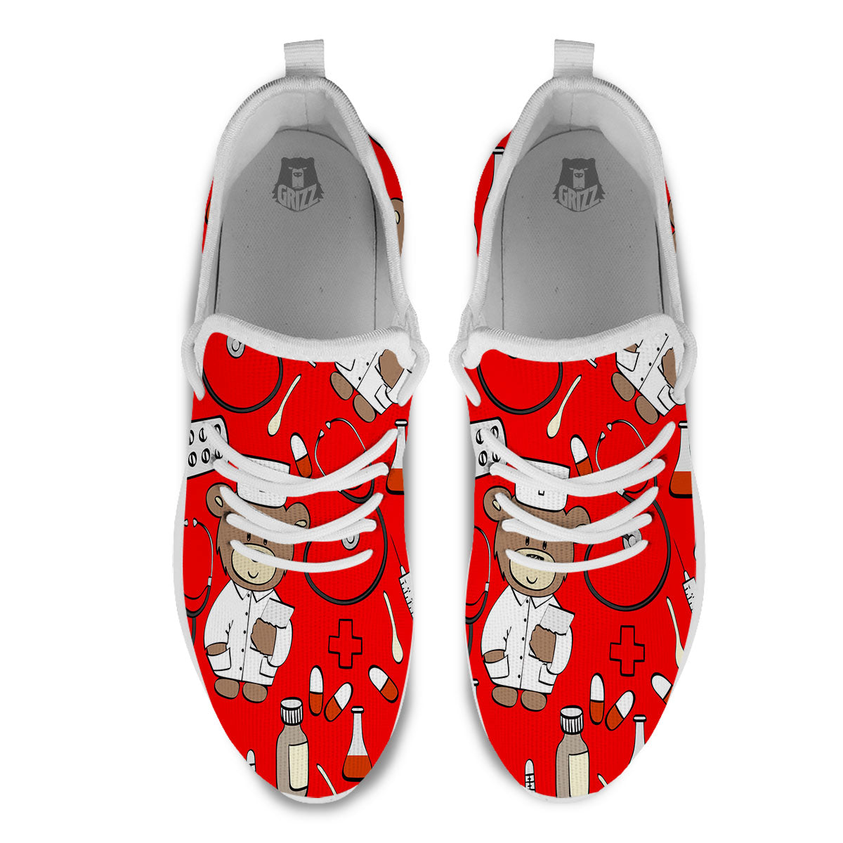 Red Teddy Bear Nurse White Athletic Shoes-grizzshop
