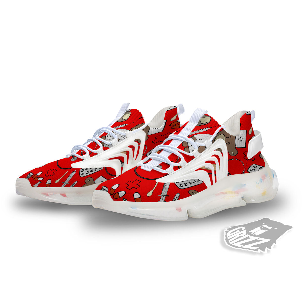 Red Teddy Bear Nurse White Gym Shoes-grizzshop