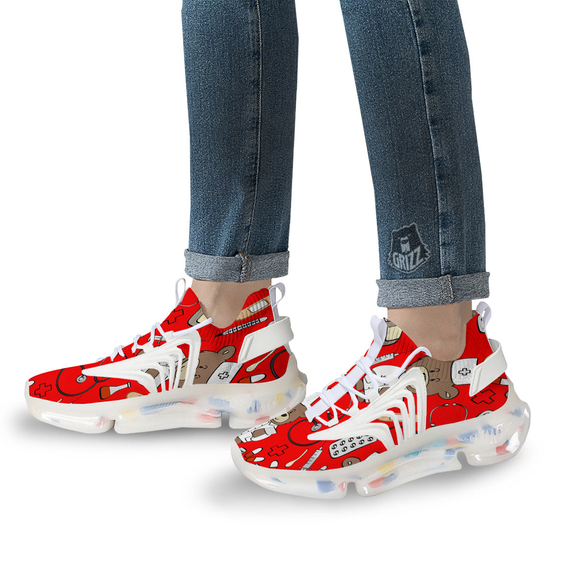 Red Teddy Bear Nurse White Gym Shoes-grizzshop