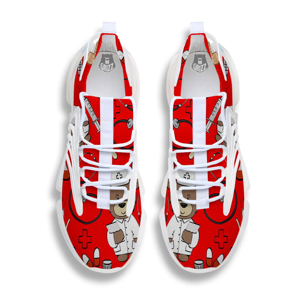 Red Teddy Bear Nurse White Gym Shoes-grizzshop