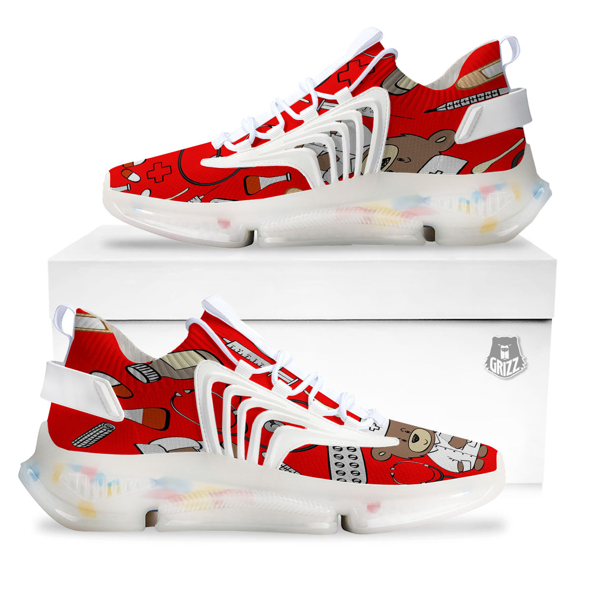 Red Teddy Bear Nurse White Gym Shoes-grizzshop