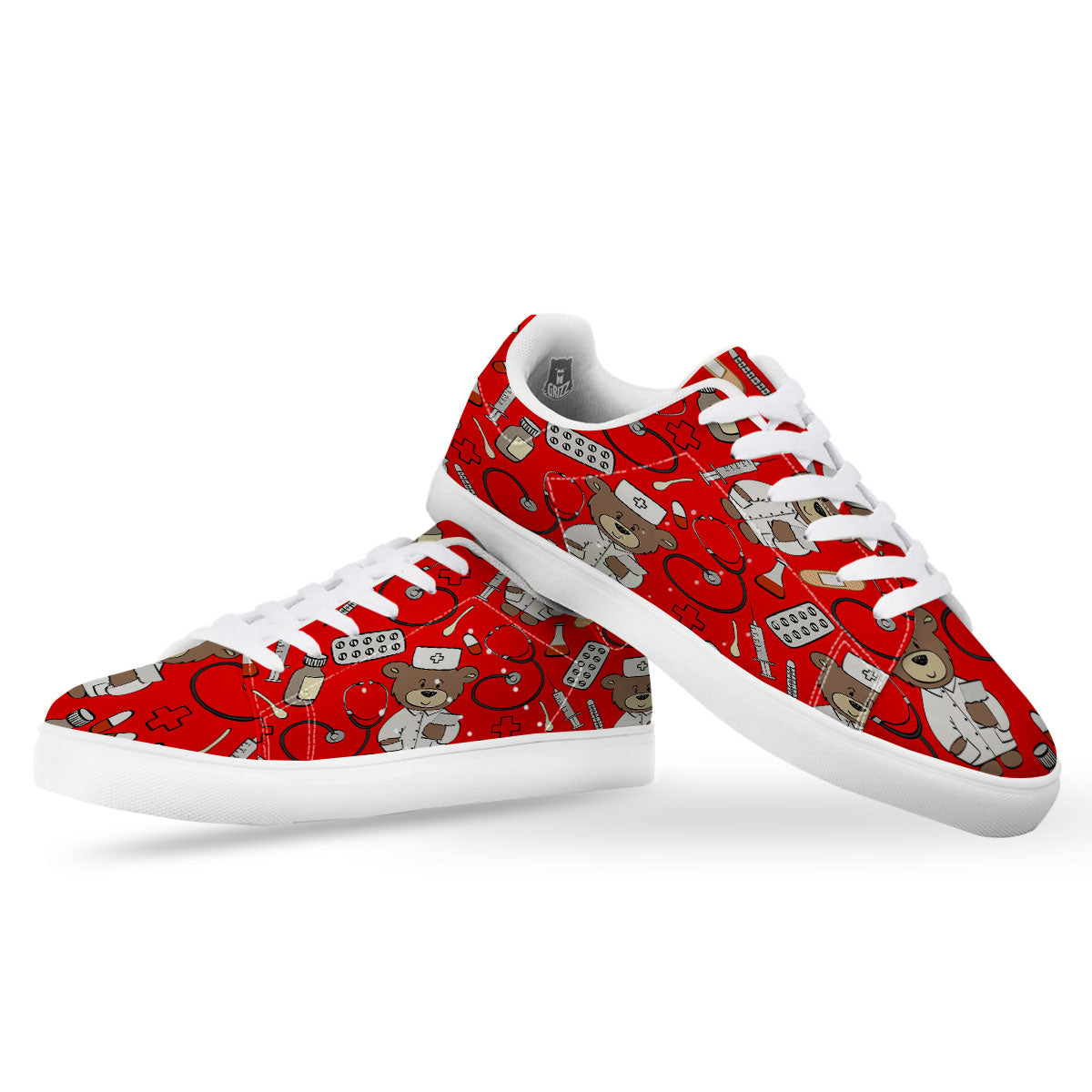 Red Teddy Bear Nurse White Low Top Sneakers-grizzshop