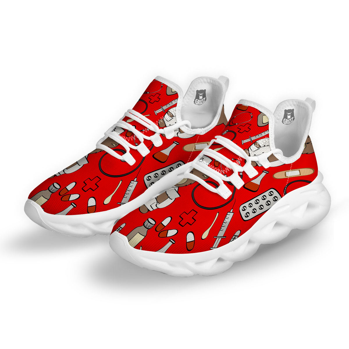Red Teddy Bear Nurse White Running Shoes-grizzshop