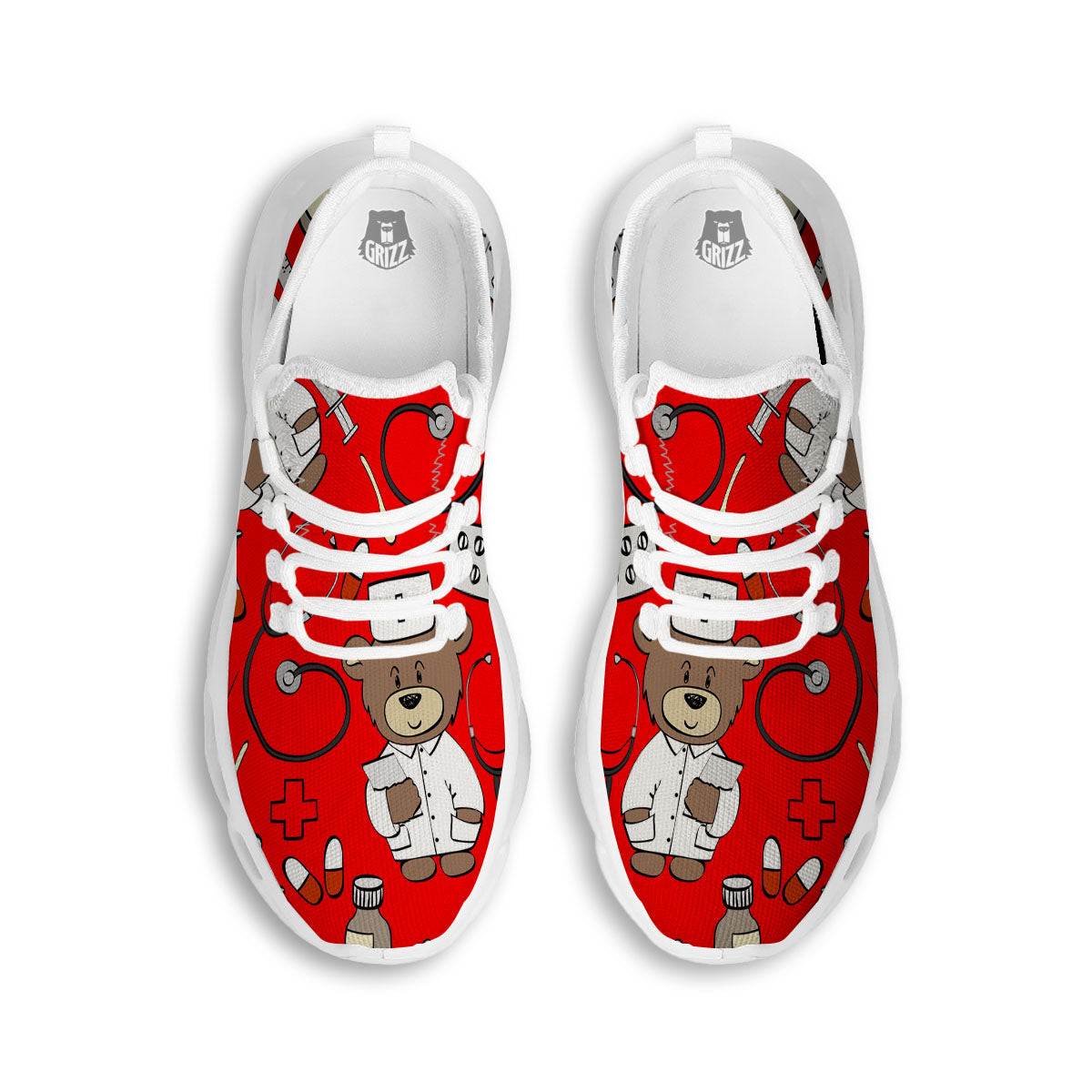 Red Teddy Bear Nurse White Running Shoes-grizzshop