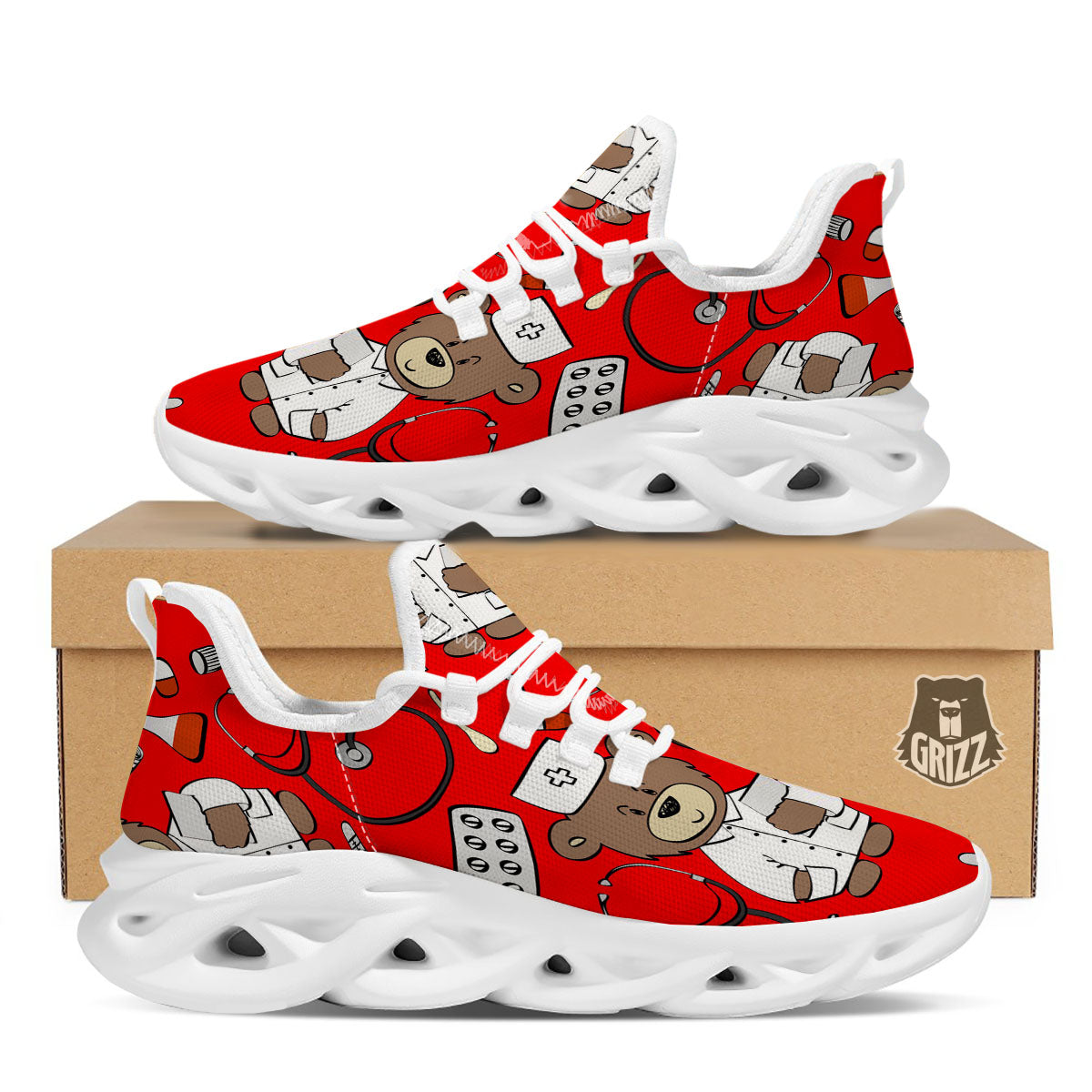 Red Teddy Bear Nurse White Running Shoes-grizzshop