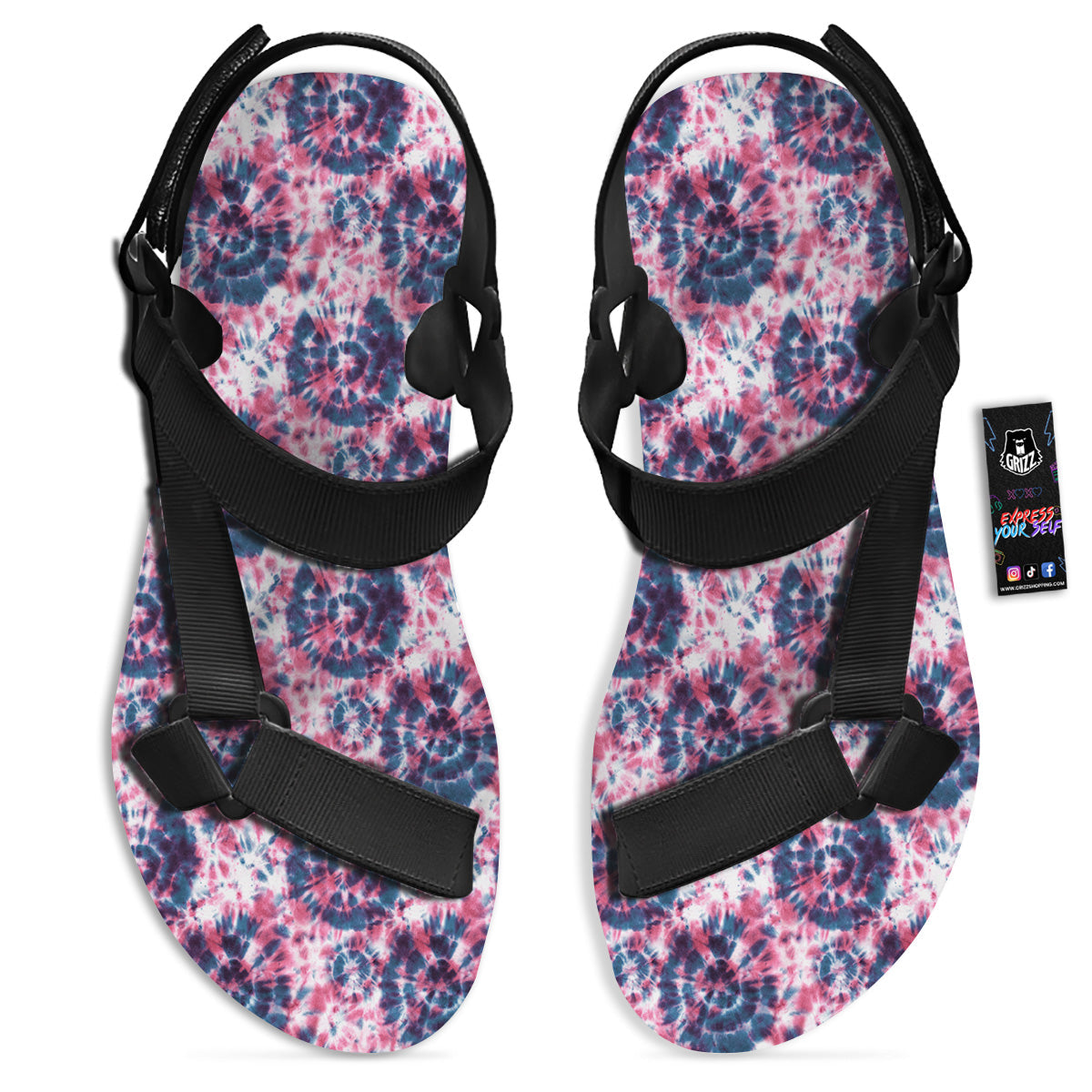 Red Tie Dye Blue Shibori Print Pattern Black Open Toe Sandals-grizzshop
