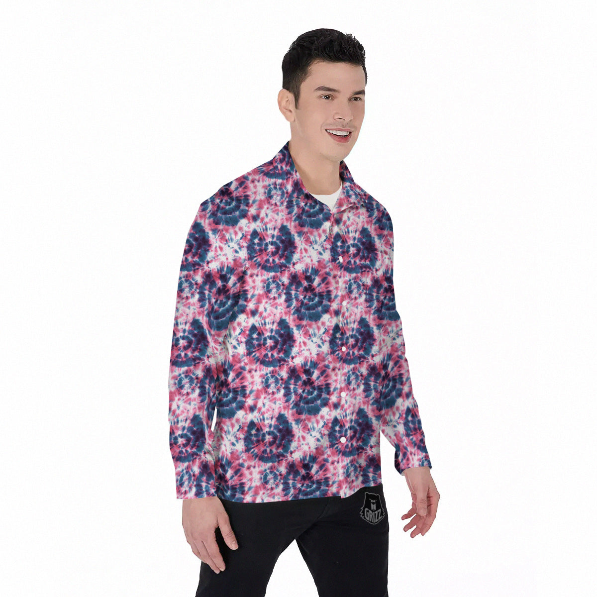 Red Tie Dye Blue Shibori Print Pattern Men's Long Sleeve Shirts-grizzshop