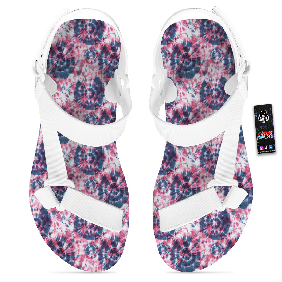 Red Tie Dye Blue Shibori Print Pattern White Open Toe Sandals-grizzshop