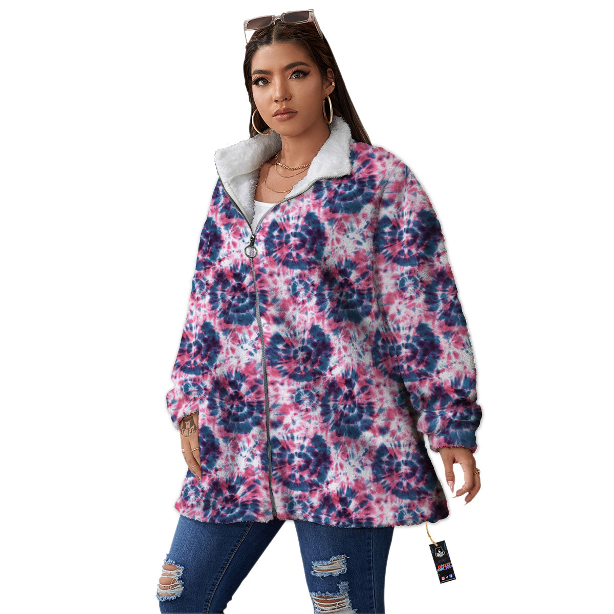 Red Tie Dye Blue Shibori Print Pattern Women's Sherpa Jacket-grizzshop