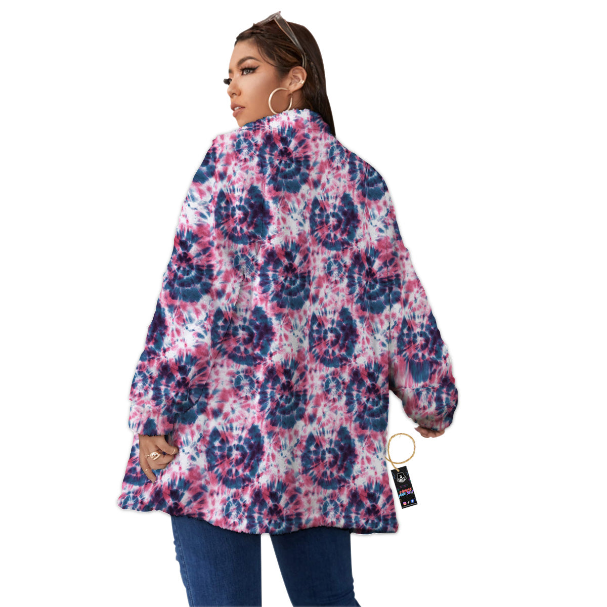 Red Tie Dye Blue Shibori Print Pattern Women's Sherpa Jacket-grizzshop