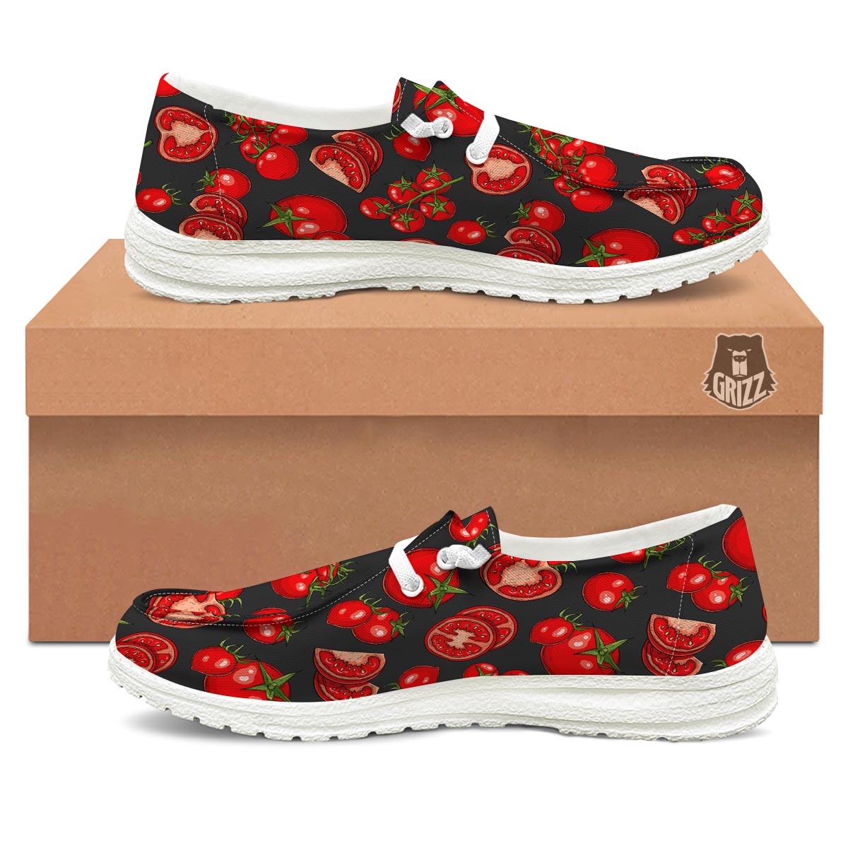 Red Tomato Print Pattern Black Loafers-grizzshop