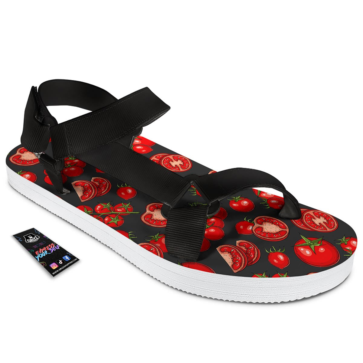 Red Tomato Print Pattern Black Open Toe Sandals-grizzshop