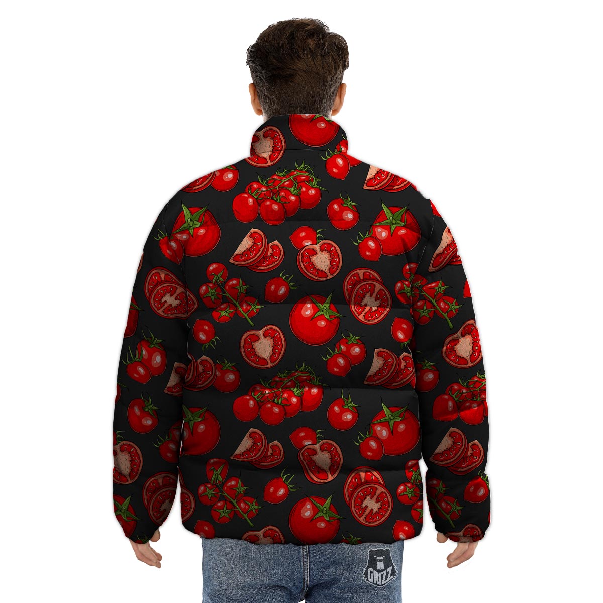 Red Tomato Print Pattern Puffer Jacket-grizzshop