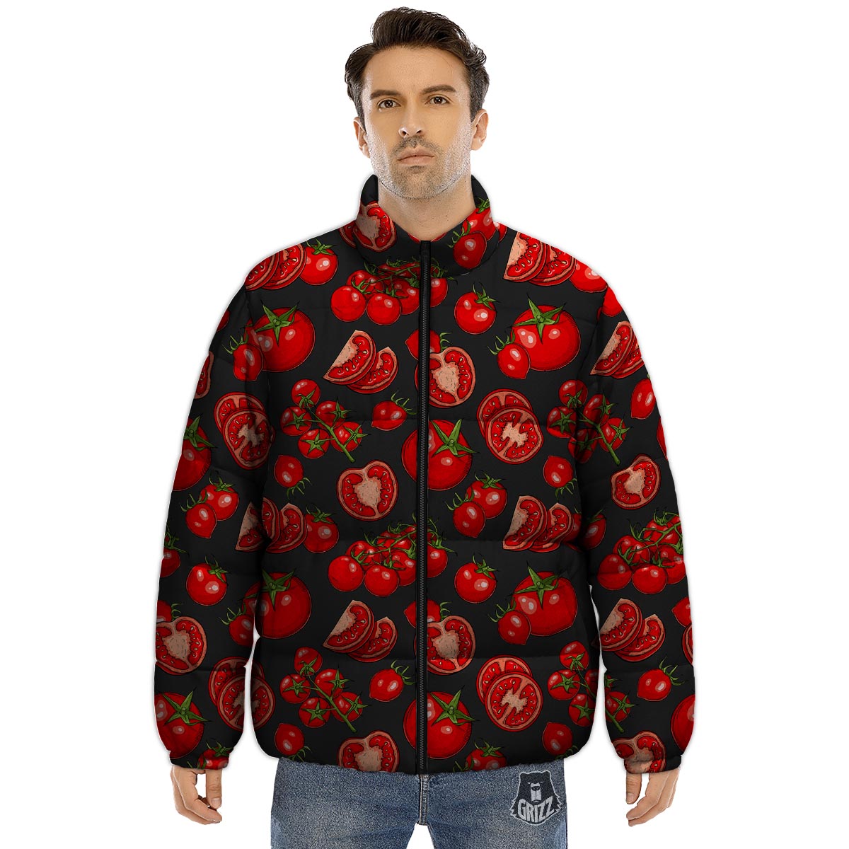 Red Tomato Print Pattern Puffer Jacket-grizzshop