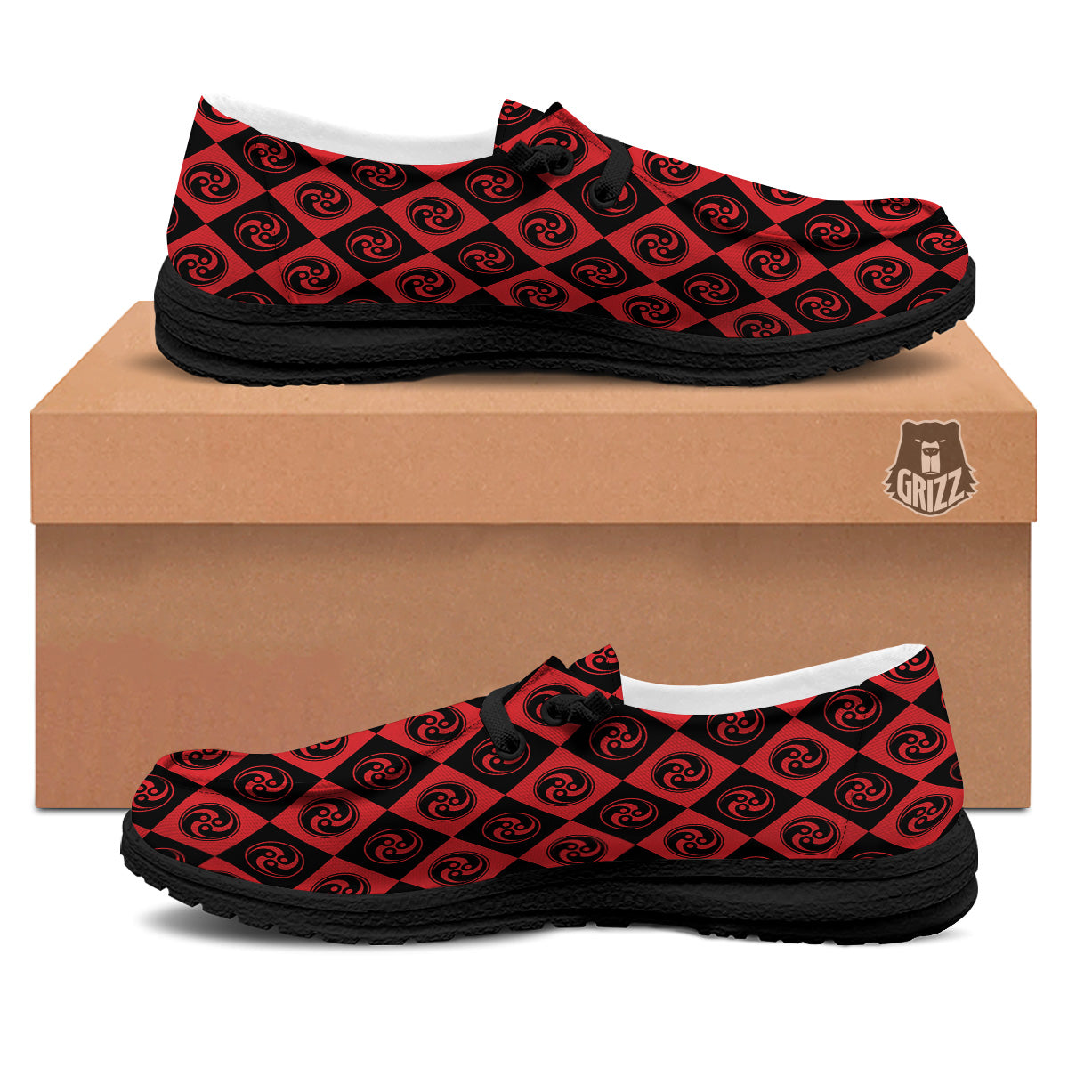 Red Tomoe Print Pattern Black Loafers-grizzshop