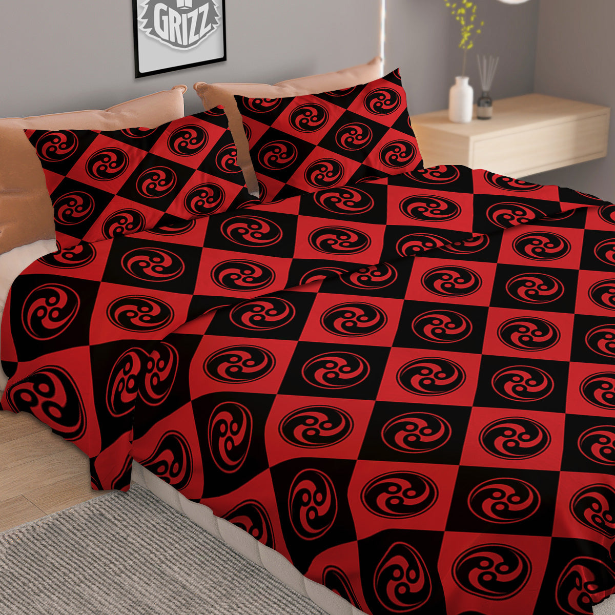 Red Tomoe Print Pattern Duvet Cover Bedding Set-grizzshop