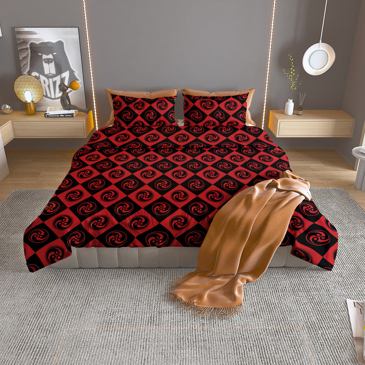 Red Tomoe Print Pattern Duvet Cover Bedding Set-grizzshop