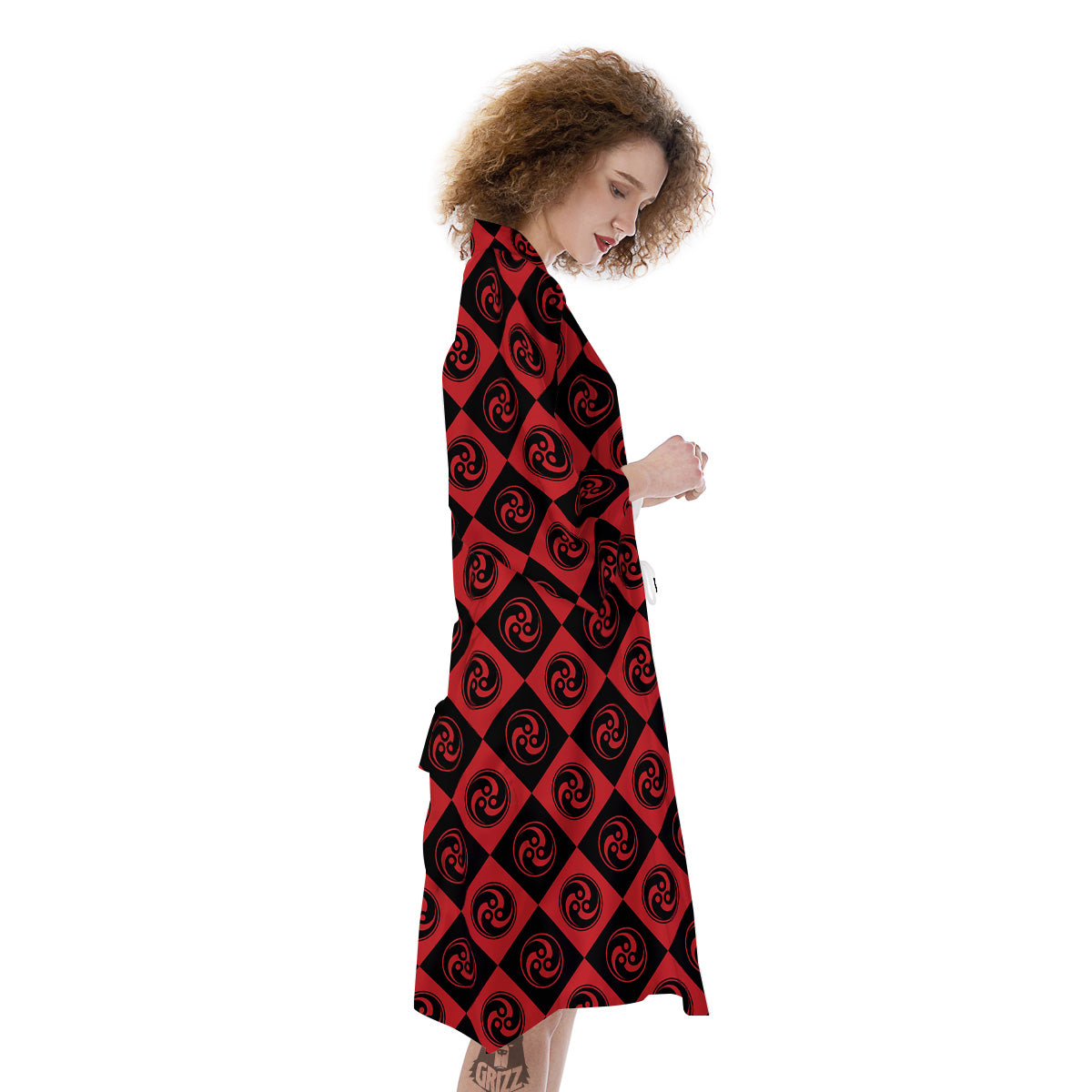 Red Tomoe Print Pattern Kimono-grizzshop