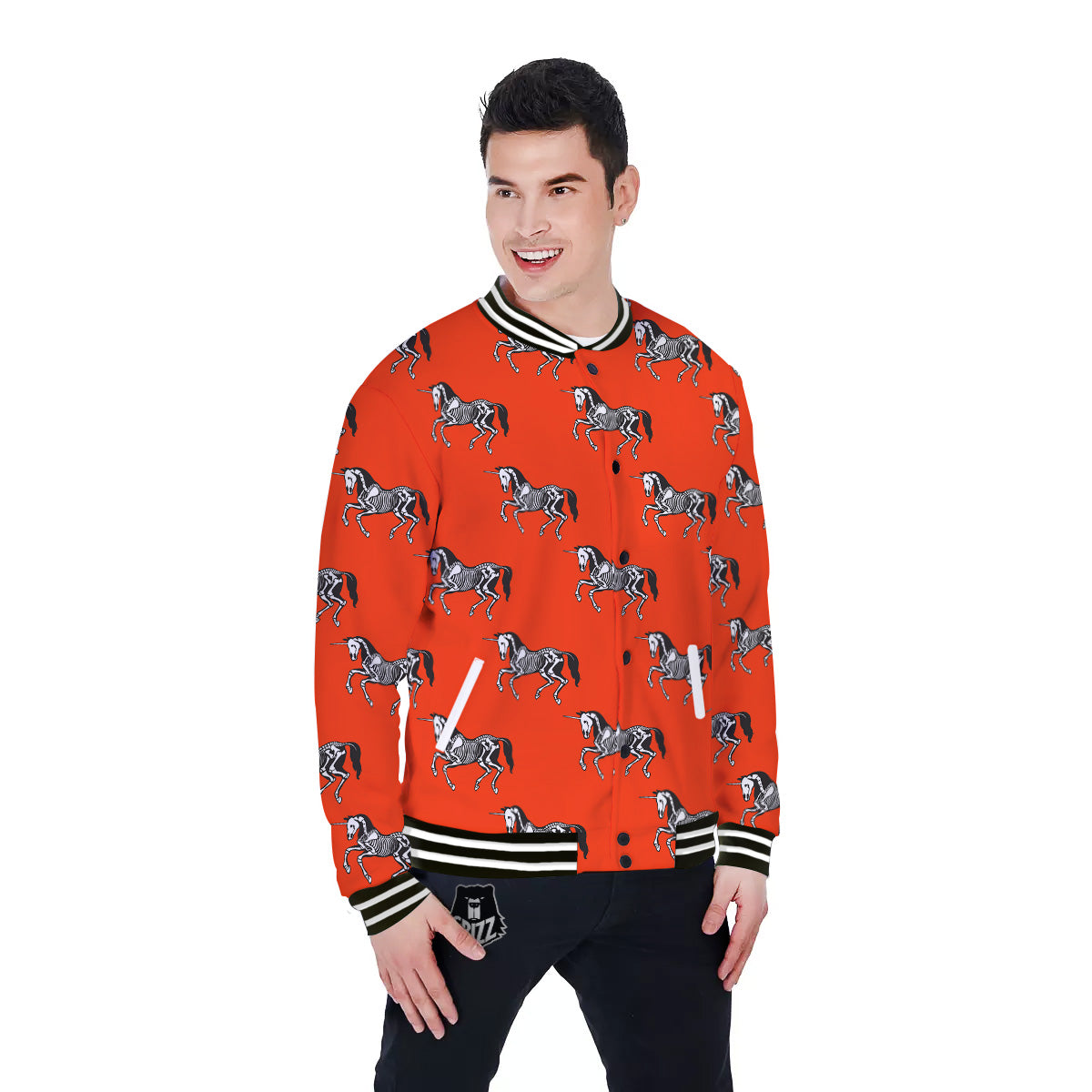 Red Unicorn Skeleton Print Pattern Baseball Jacket-grizzshop