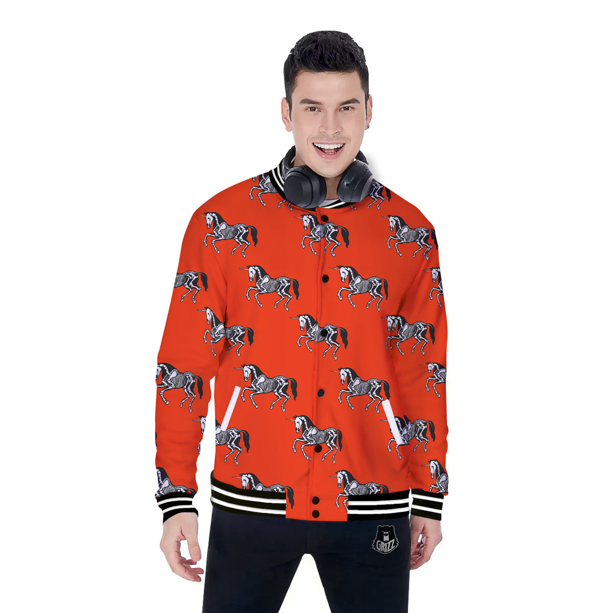 Red Unicorn Skeleton Print Pattern Baseball Jacket-grizzshop