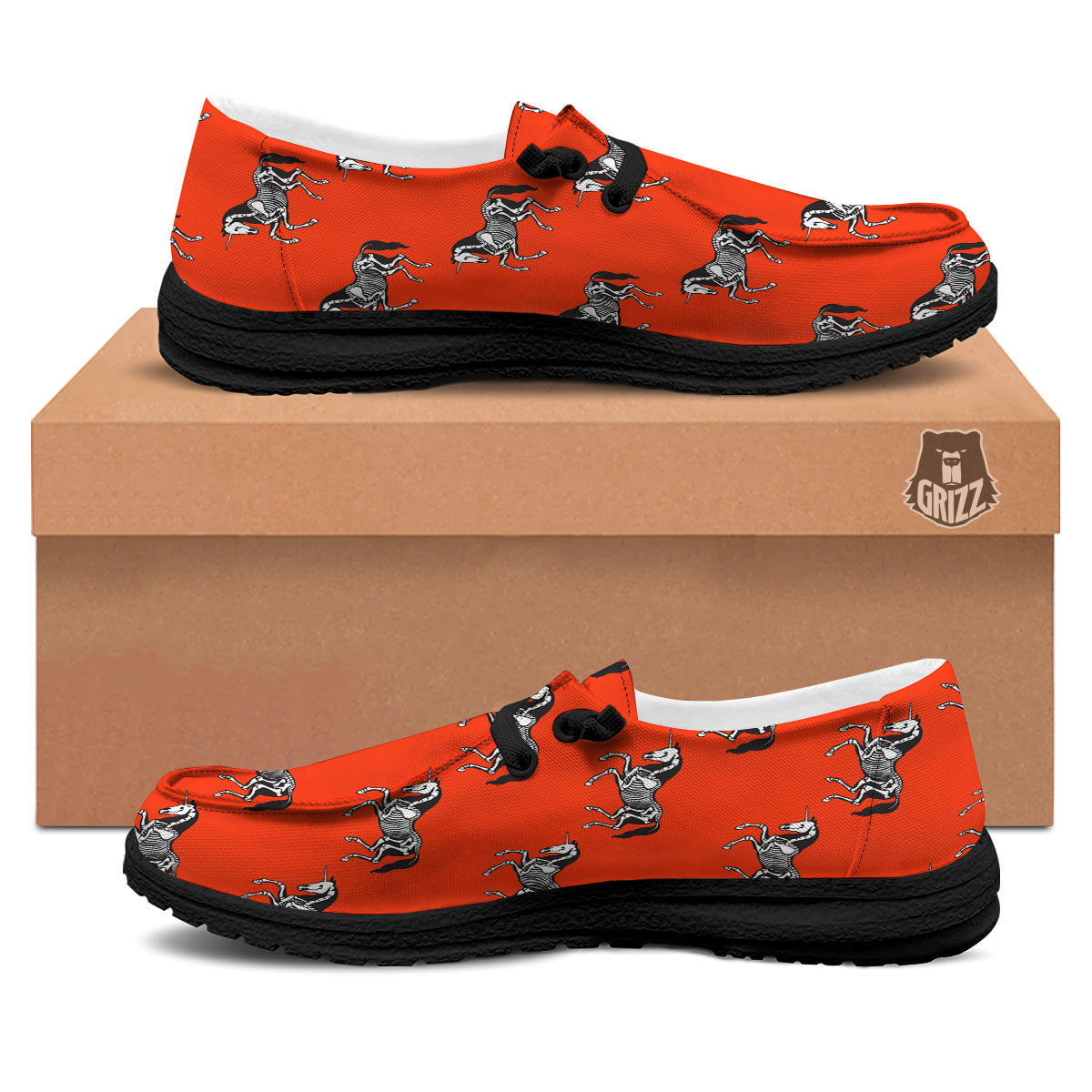 Red Unicorn Skeleton Print Pattern Black Loafers-grizzshop