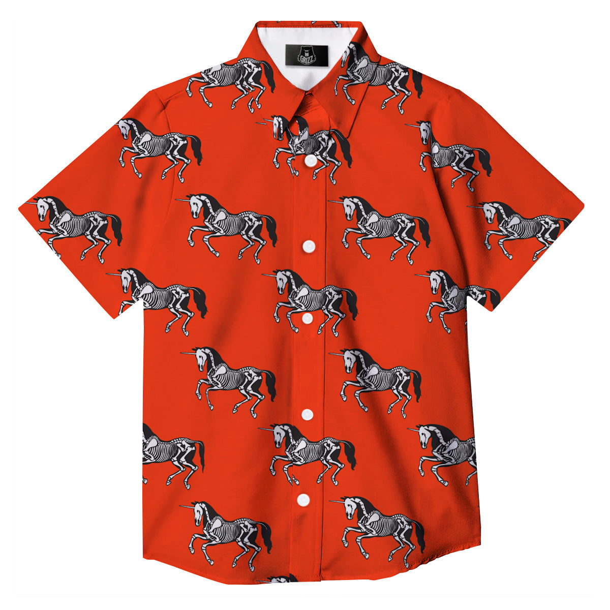 Red Unicorn Skeleton Print Pattern Button Up Shirt-grizzshop