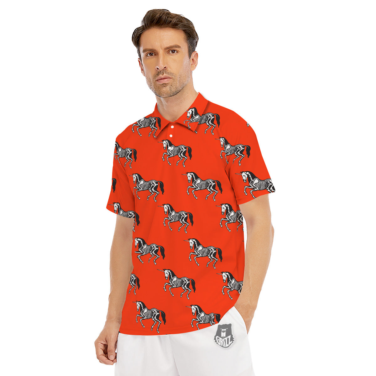 Red Unicorn Skeleton Print Pattern Men's Golf Shirts-grizzshop