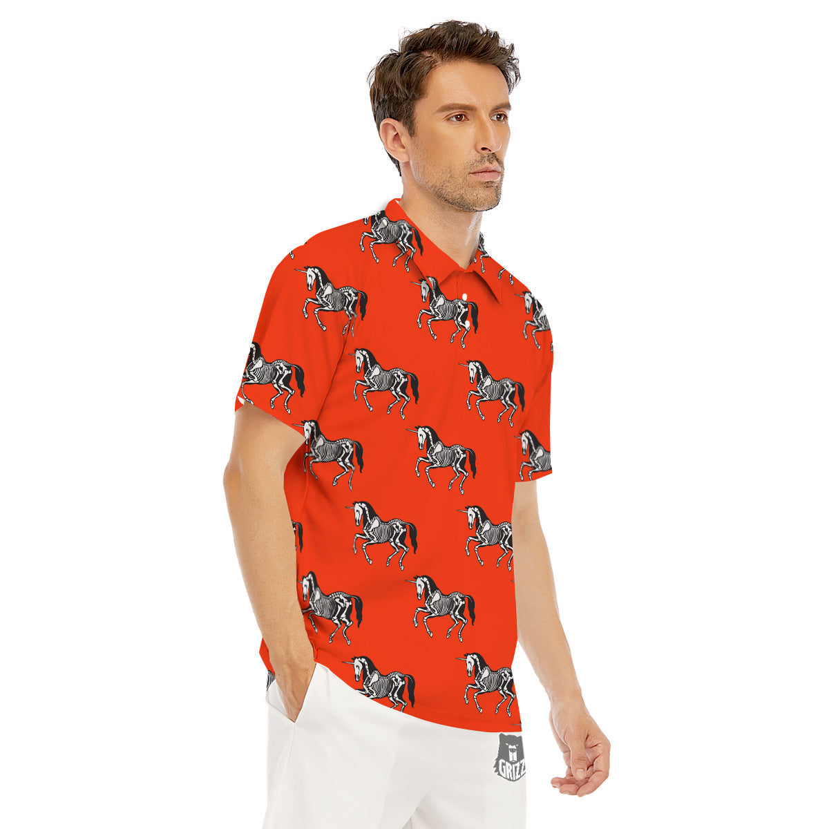 Red Unicorn Skeleton Print Pattern Men's Golf Shirts-grizzshop