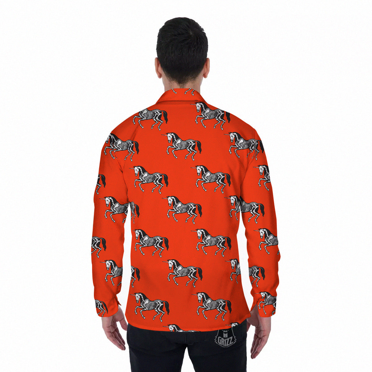 Red Unicorn Skeleton Print Pattern Men's Long Sleeve Shirts-grizzshop