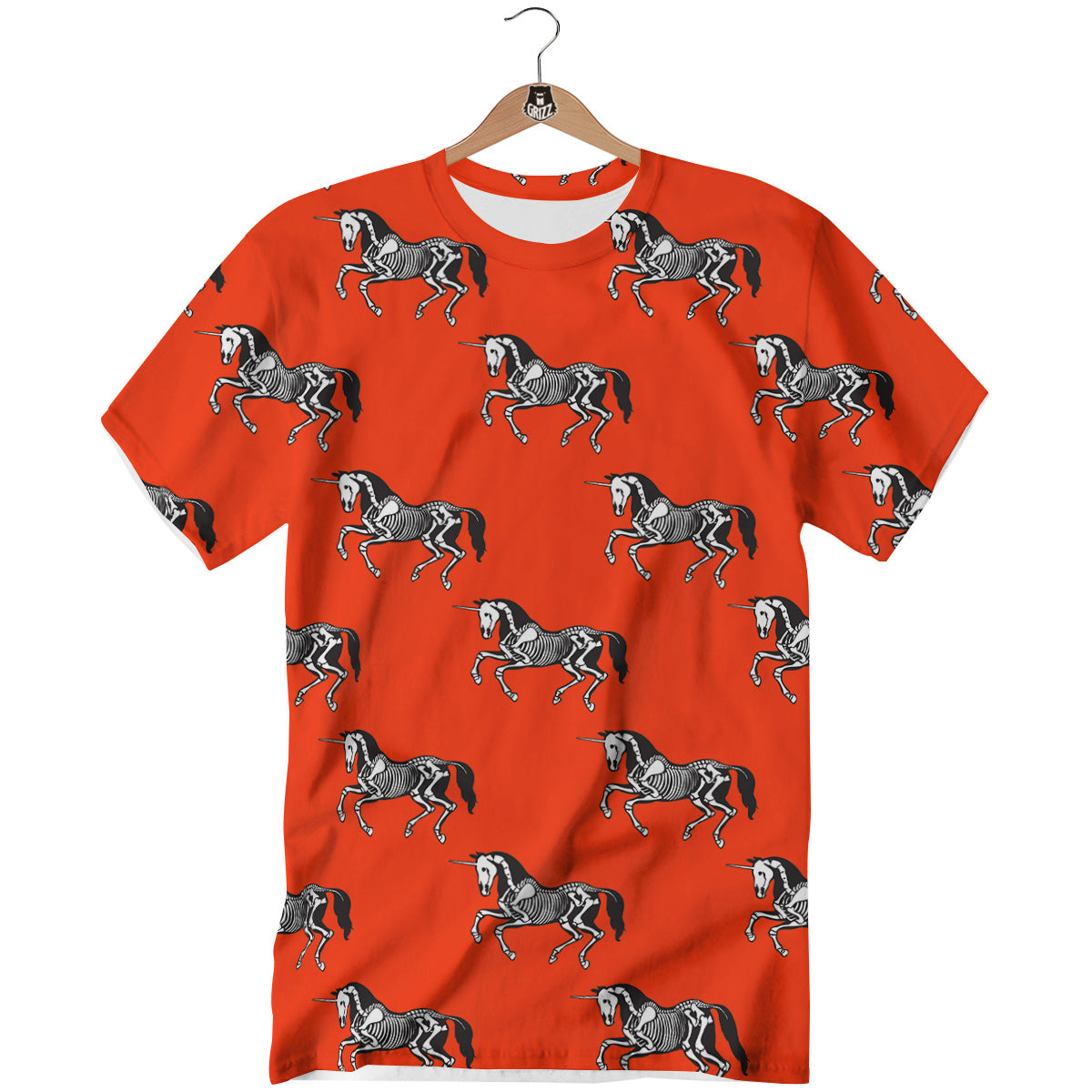 Red Unicorn Skeleton Print Pattern T-Shirt-grizzshop